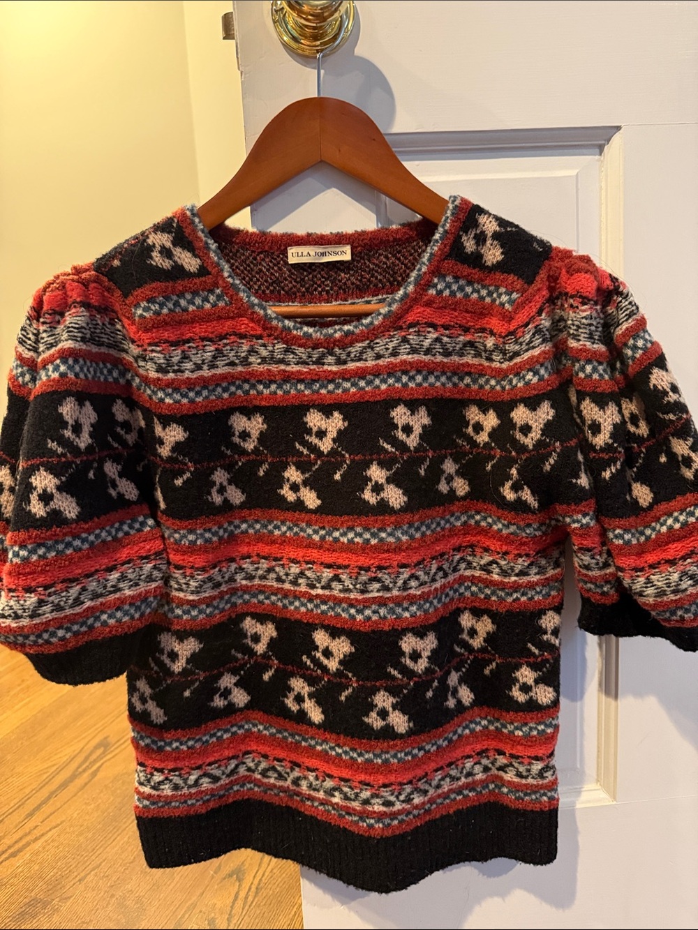Ulla Johnson Black, Red & Cream Fair Isle Puff-Sleeve Sweater